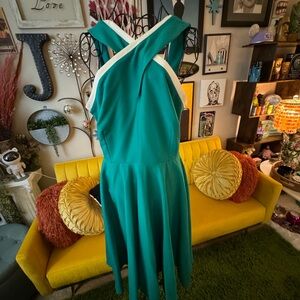 Elegant Green Halter Dress with White Accents